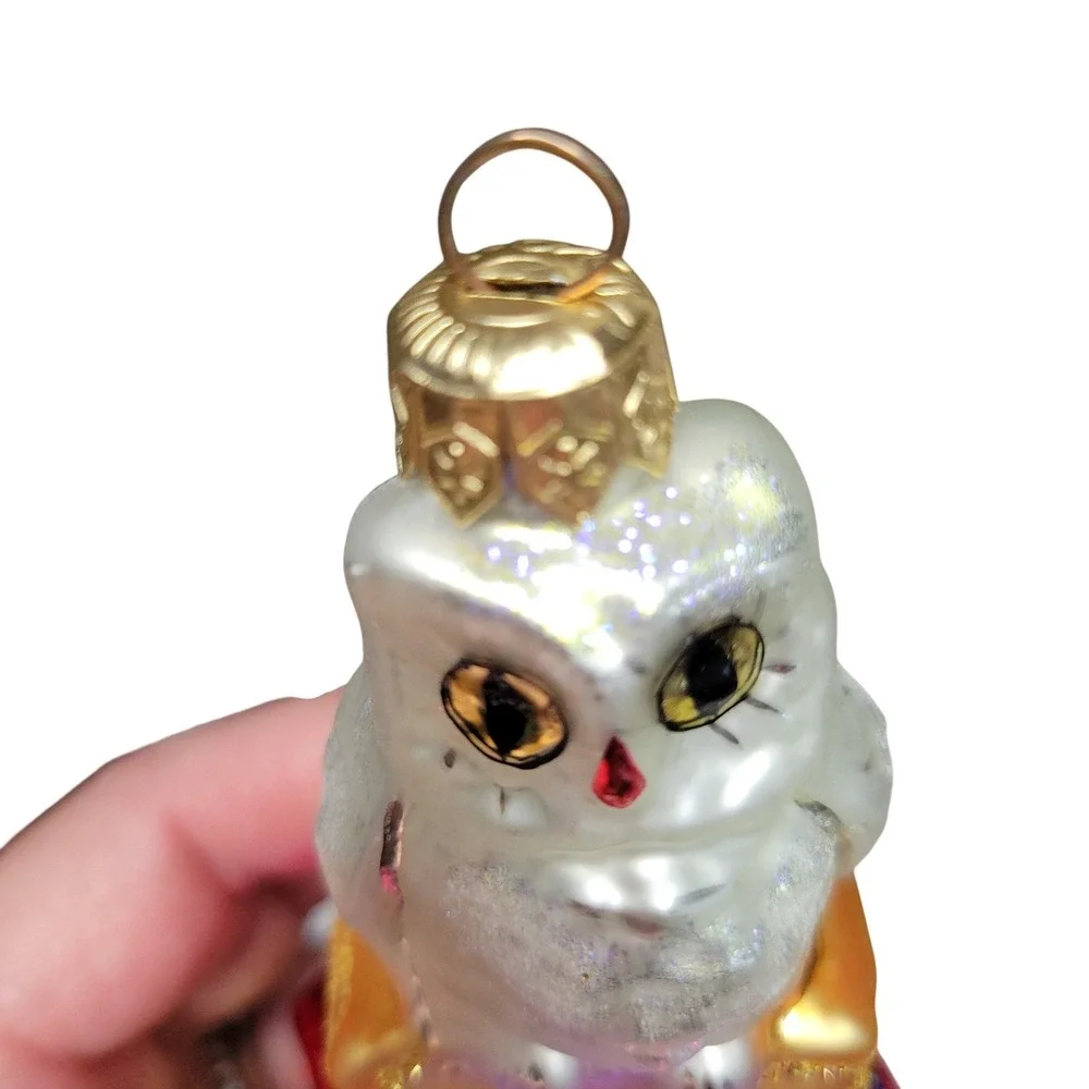 RADKO Hoo Dunnit Snowy Owl on Stack of Books Glass Christmas Ornament Glitter